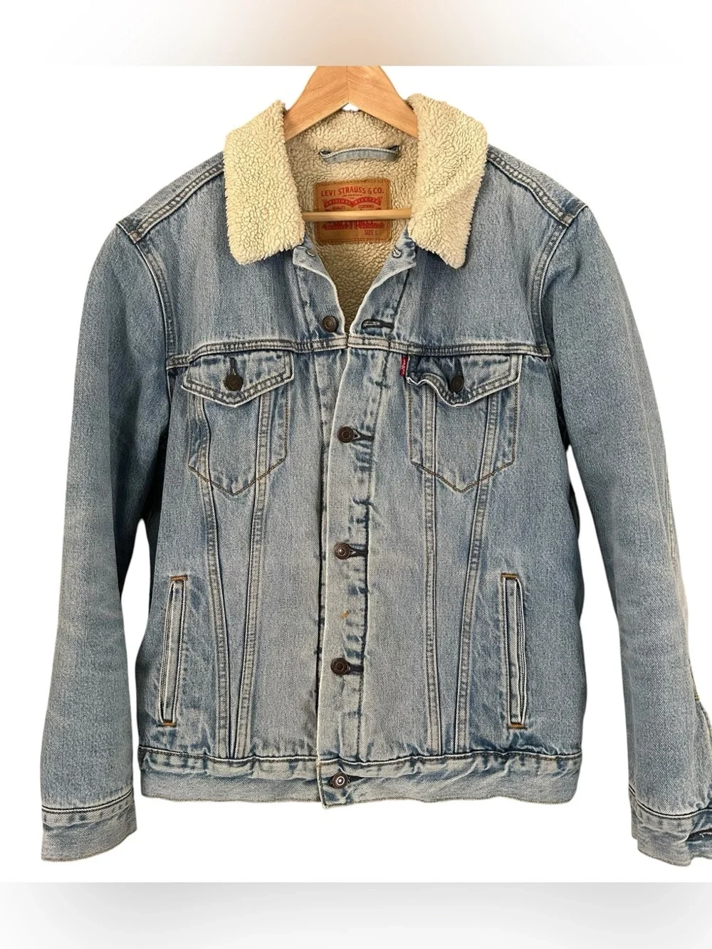 Levis Sherpa Lined Trucker Jacket Light Wash Denim Fleece Type III Unisex Large